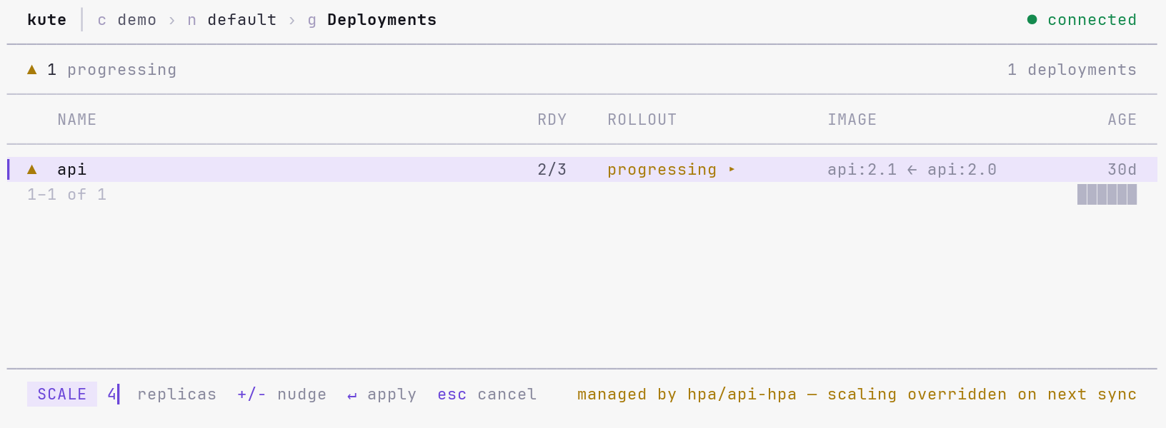 kute scale prompt in the light theme warning that the HPA will override the change