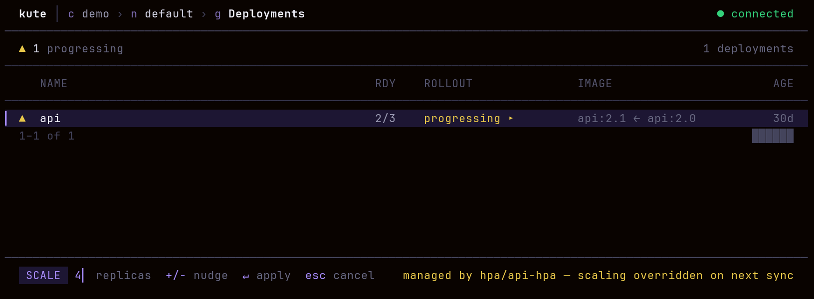 kute scale prompt on an HPA-managed Deployment warning that the HPA will override the change