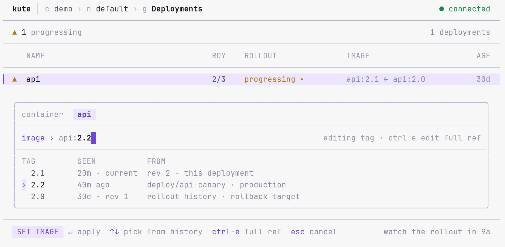 kute set image panel in the light theme offering rollout history as tag choices