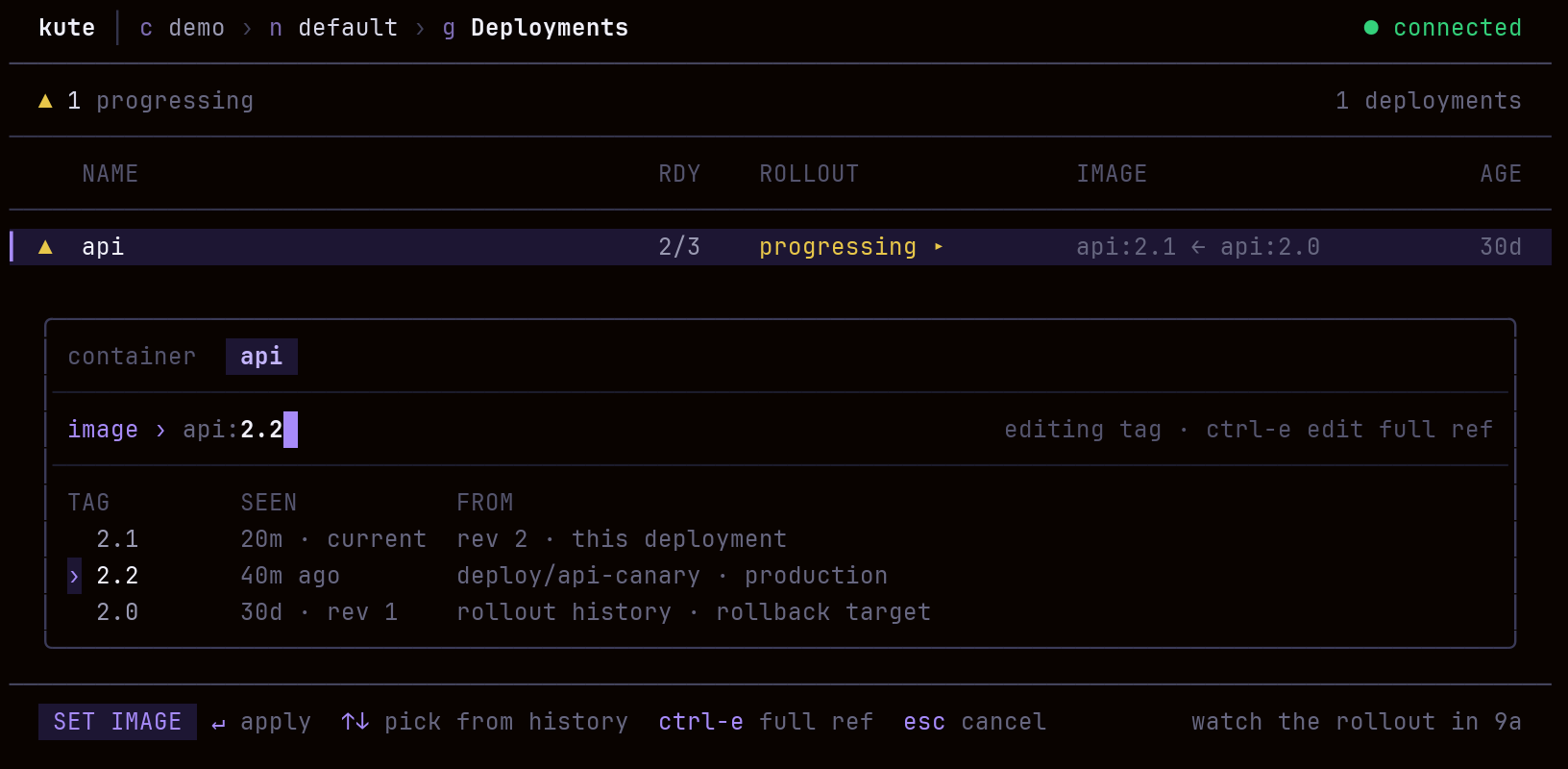 kute set image panel offering a Deployment's own rollout history as image tag choices