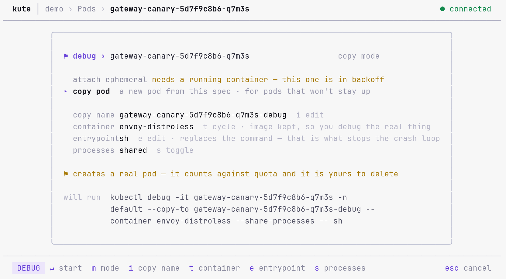 kute debug panel in the light theme in copy mode on a crash-looping canary pod, replacing its entrypoint with sh
