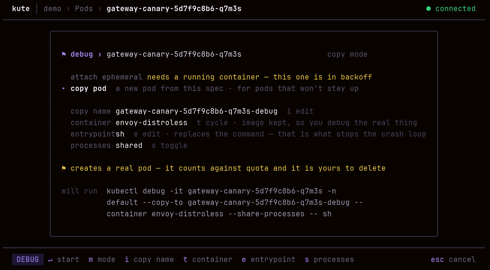 kute debug panel in copy mode on a crash-looping canary pod, replacing its entrypoint with sh