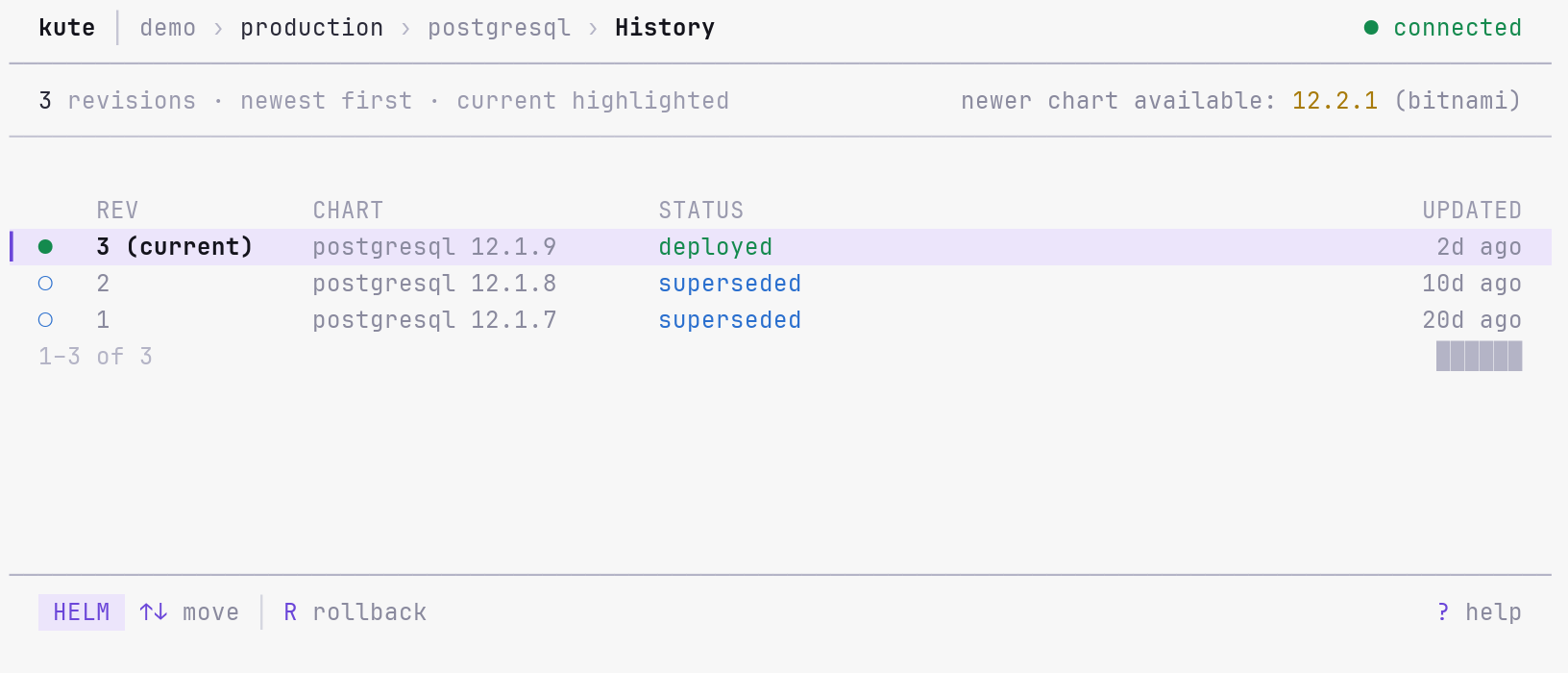 kute Helm release history in the light theme showing the current and superseded PostgreSQL revisions