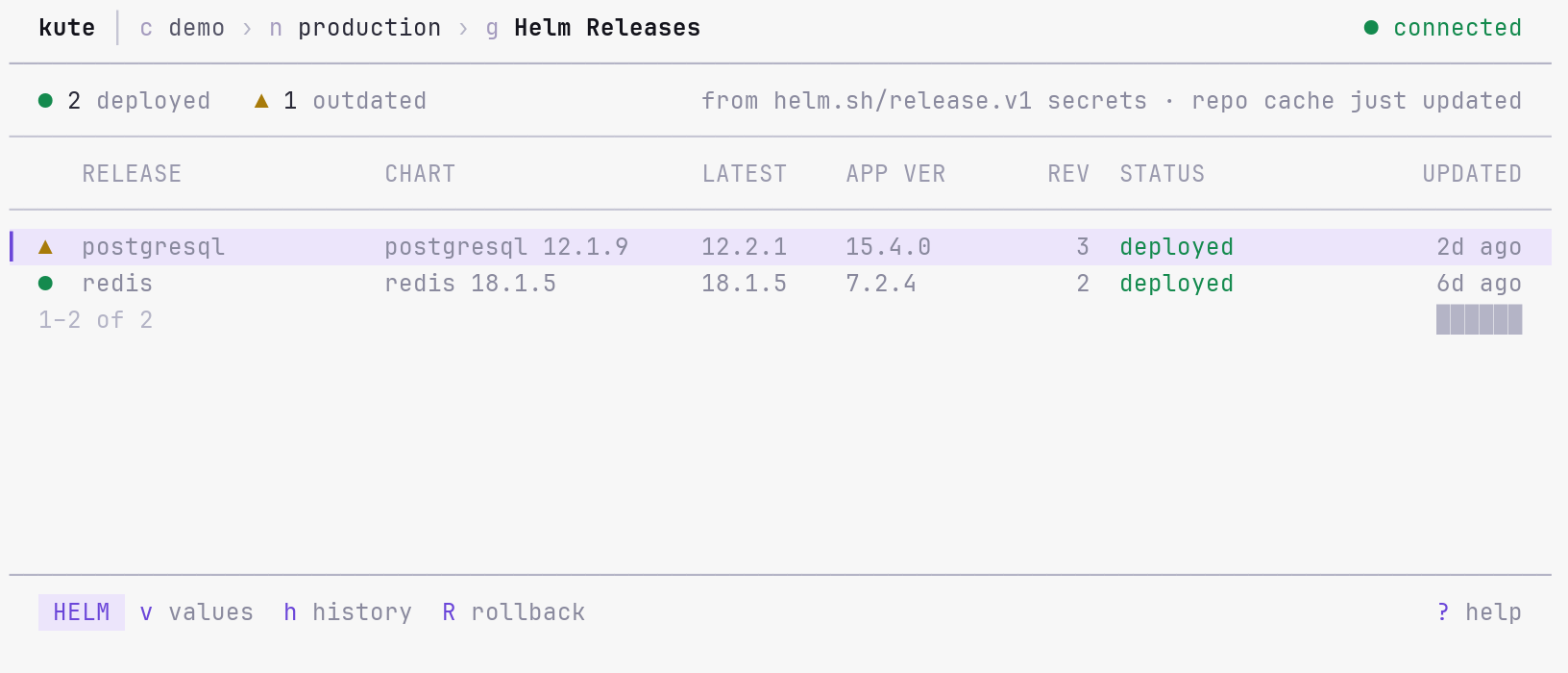 kute Helm Releases list in the light theme showing current Redis and PostgreSQL with a newer chart available