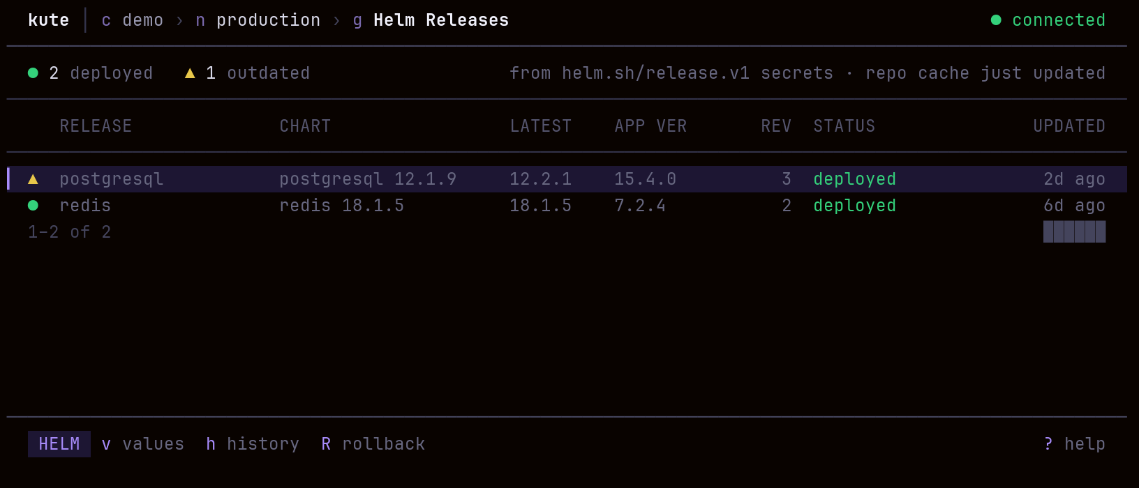 kute Helm Releases list showing current Redis and PostgreSQL with a newer chart available