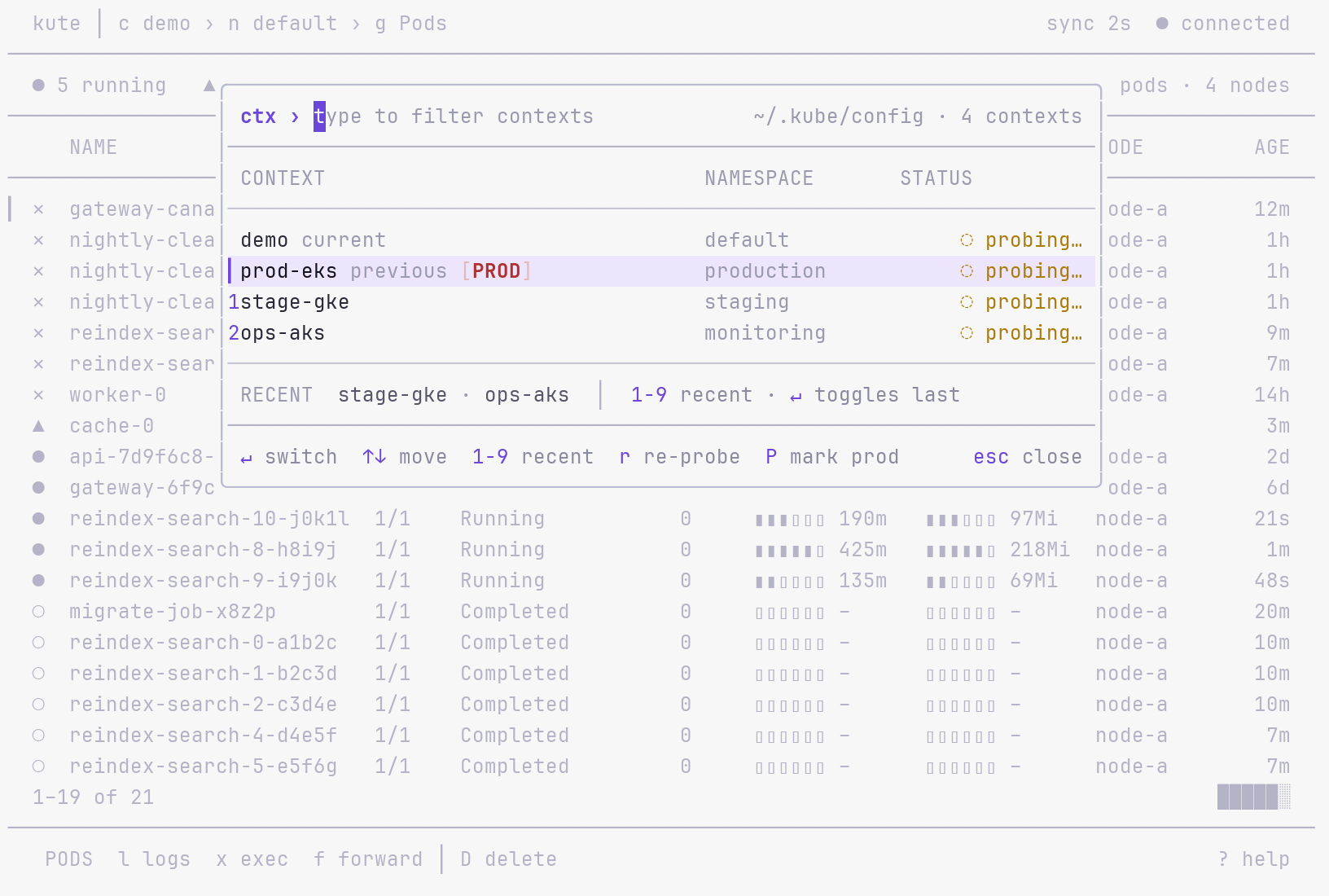 kute Context palette in the light theme showing remembered namespaces, a production tag, and reachability probes