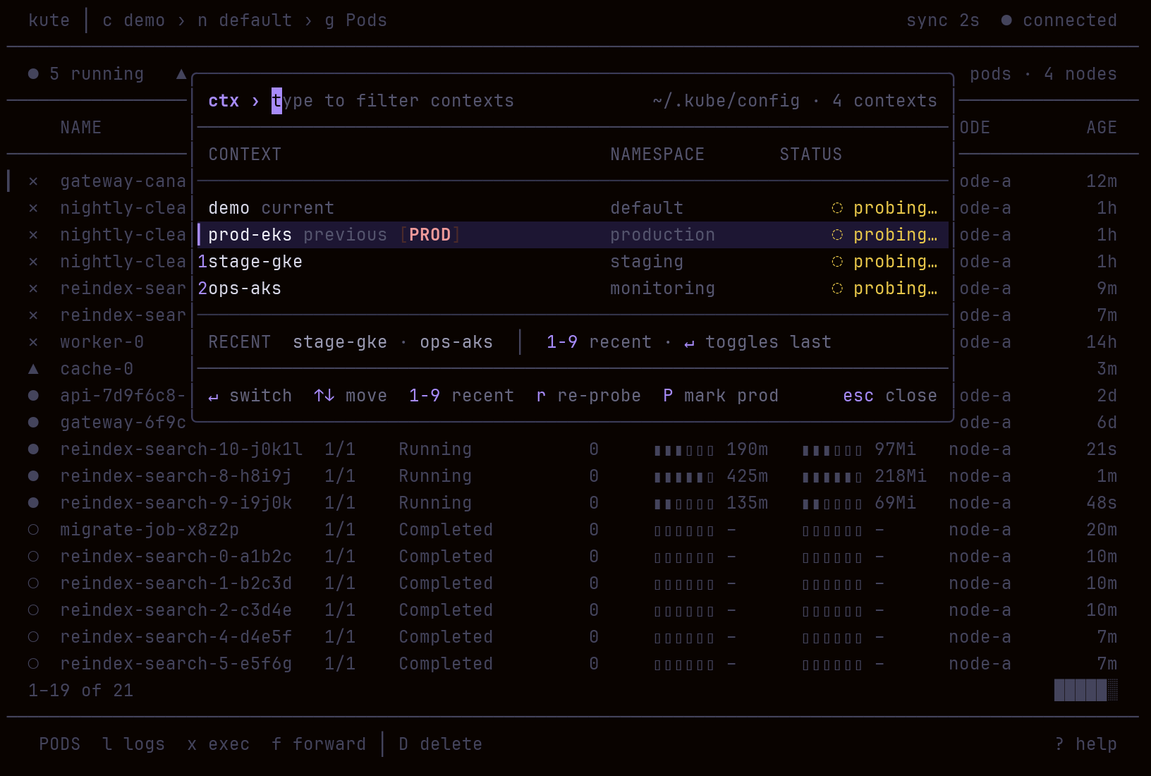 kute Context palette showing remembered namespaces, a production tag, and reachability probes