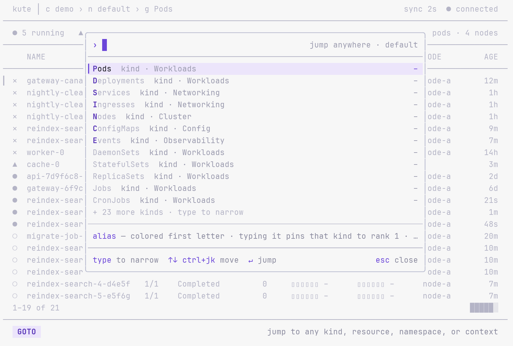 kute Goto palette in the light theme ranking daily resource kinds by alias over the current Pods view