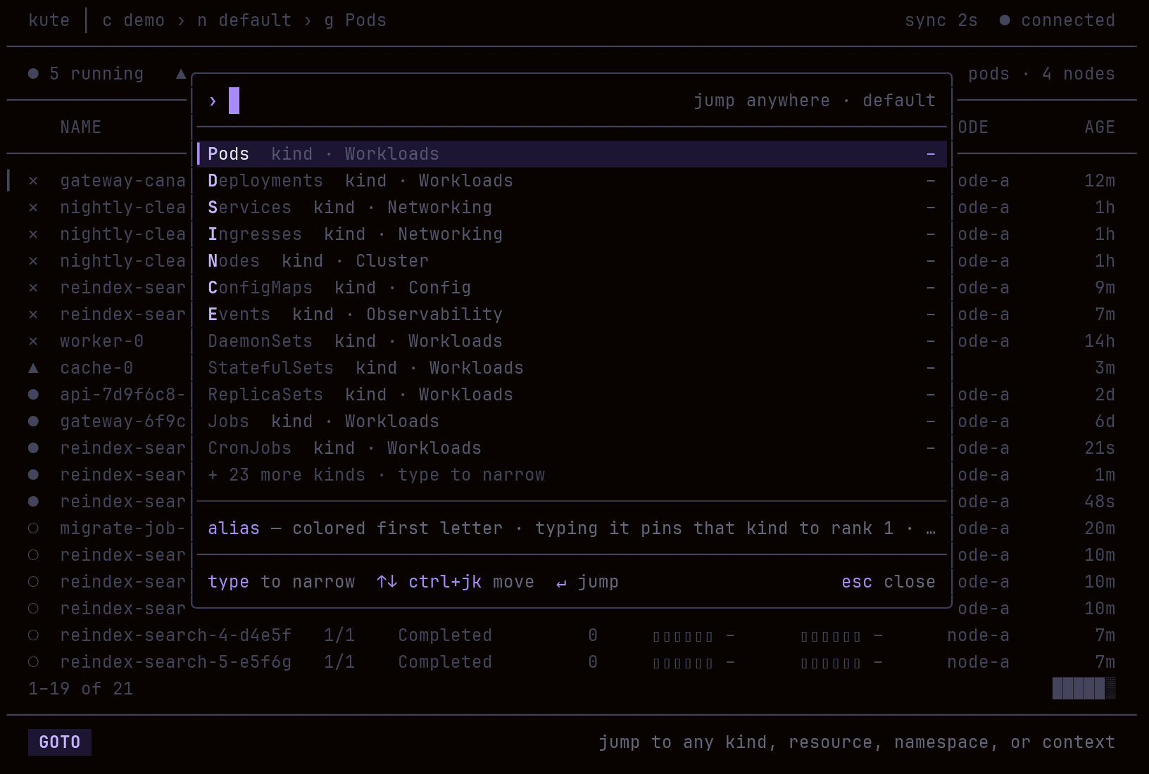 kute Goto palette ranking daily resource kinds by alias over the current Pods view