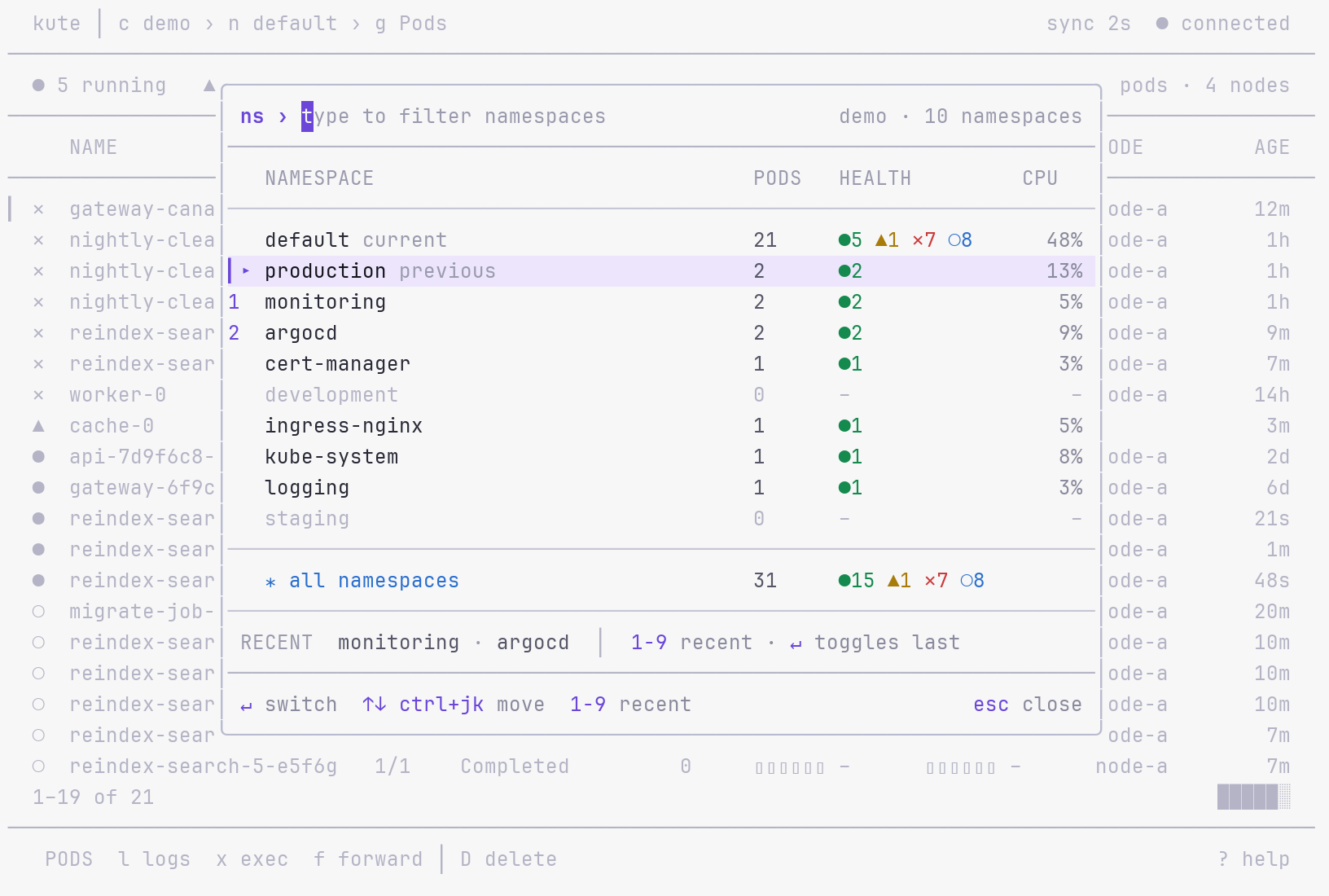 kute Namespace palette in the light theme showing live pod health, recent namespaces, and all namespaces