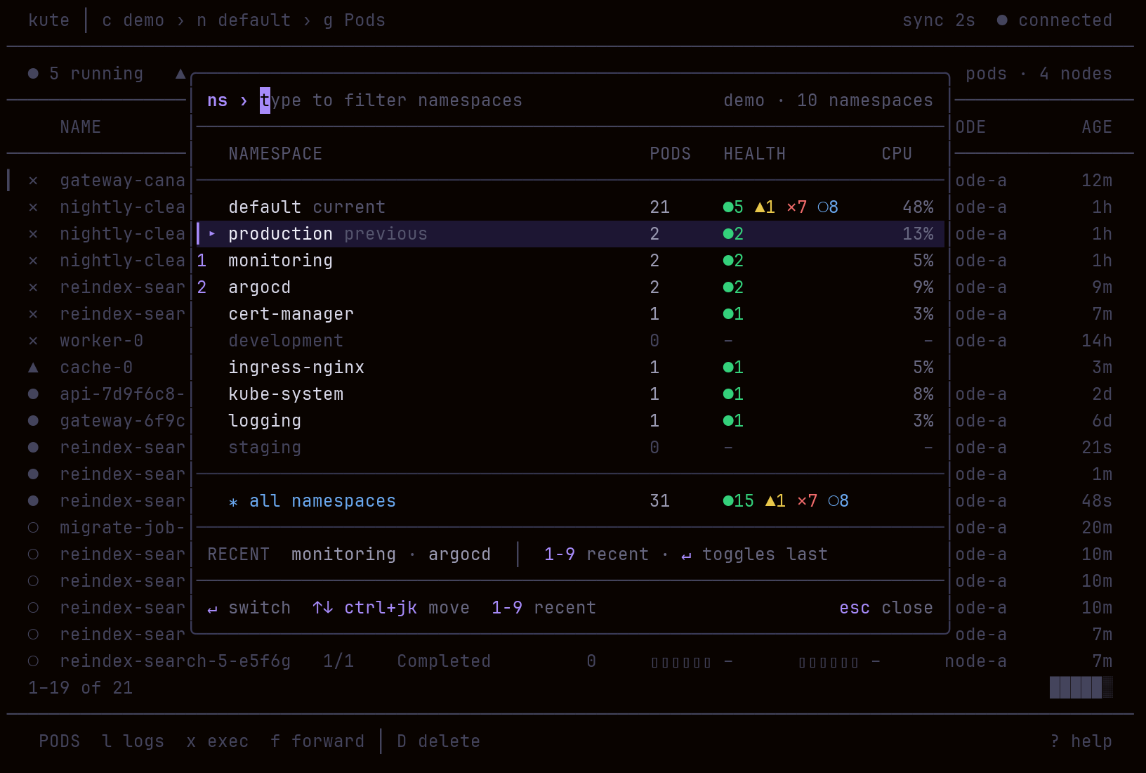 kute Namespace palette showing live pod health, recent namespaces, and all namespaces