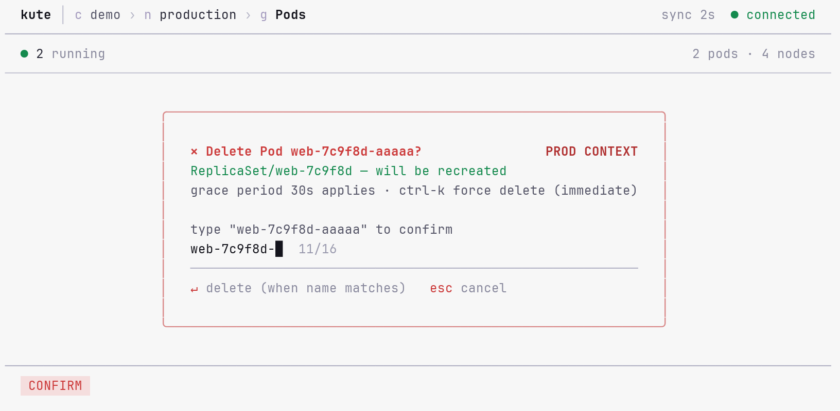 kute production delete confirmation in the light theme requiring the full object name