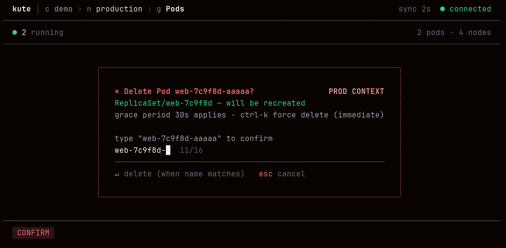 kute production delete confirmation requiring the full object name